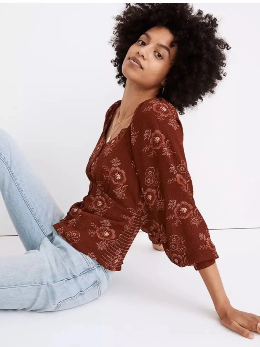 BOGO! NWT Madewell Preston Puff Sleeve Floral Blouse Rust Size Medium